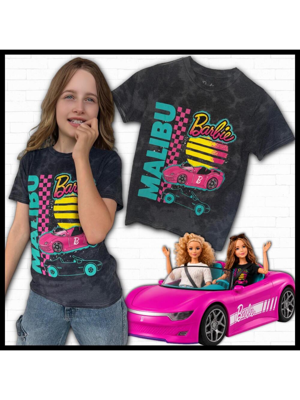 Barbie Girls' Black and Grey Multicolor T-shirt 80's Aesthetic